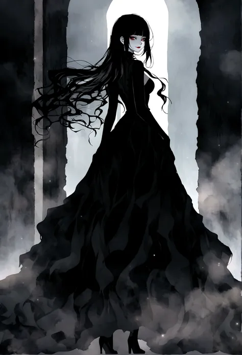 goth korean girl, gothic,1woman,dark town,red eyes,dark ambient,low saturation,anime style,pale skin,long flowing hair,gothic clothing,silhouette,surreal background,mysterious atmosphere,intense emotions,melancholic expression,lens flare,dramatic shadows,s...