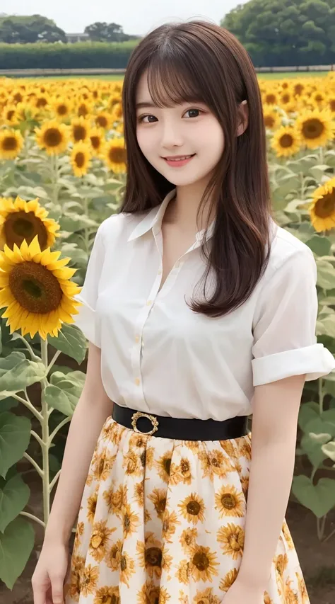 Tabletop, Highest quality, Very detailed, In detail, High resolution, 8k wallpaper, Beautiful big eyes,Black-haired、17 years old, Slender body、爽やかなsmile、Shows the whole body down to the waist、Very beautiful face,Very well-formed face、With sunflowers in the...