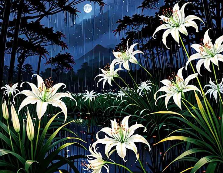 midnight、getting wet in the rain、a field of blooming spider lilies、skull