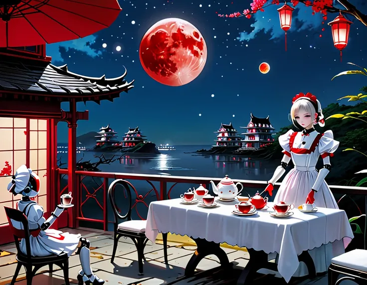 red moon、moonlit terrace、tea party、a wrecked maid robot feeding