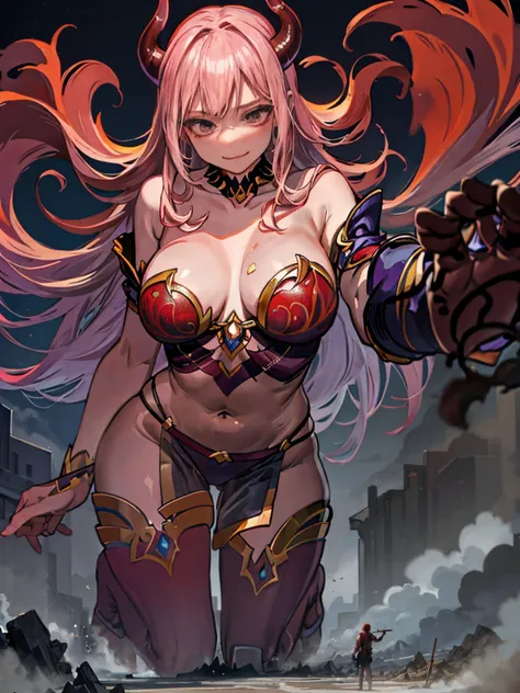 Thalina, a 58-meter giant demon, emerges from a flaming abyss at dusk, her onyx skin glowing with a hellish radiance. Her long, crimson hair falls in rippling cascades over her shoulders and back. Standing in a desolate wasteland, her posture is commanding...