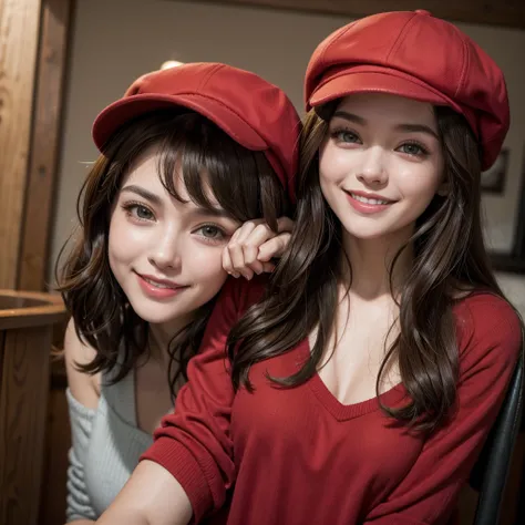 Beautiful brunette woman smiling with a red cap. 