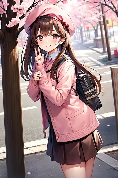 brown hair girl、light pink beret, polite, a smirk、Cute miniskirt、Cherry blossoms