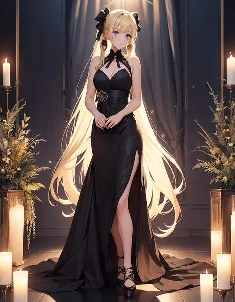 an adult girl, She has two pigtails falling over her shoulders, decorated with black ribbons, SHE HAS BLONDE HAIR, blue eyes and a very elegant and very long black dress for a gala dinner with a cut that allows her to show her leg, wears beautiful evening ...