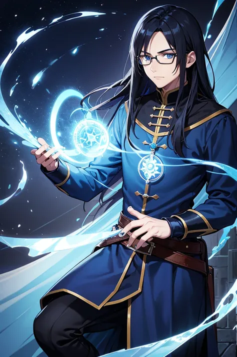 A man with glasses, magician with long black hair, dark blue eyes, wears blue magician clothes with black, young magician, adventurer, intellectual, cold personality, medieval city background, isekai anime style