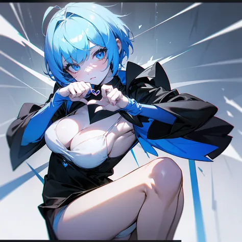 1 2d girl with short blue hair, with a black dress with white panties and white skin color with her hands making a heart sign and with 5 fingers