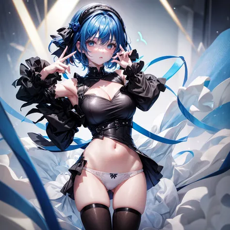 1 2d girl with short blue hair, with a black dress with white panties and white skin color with her hands making a heart sign and with 5 fingers