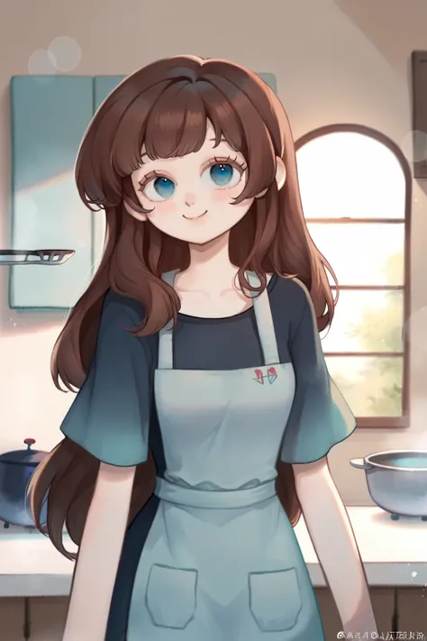 1 girl, cutestyle, upper body, blue eyes, brown hair, long hair with bangs, dressed in a black t-shirt, wearing a blue cooking a...