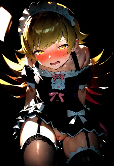 NSFW,masterpiece,Highest quality,High resolution,Super detailed,oshino shinobu (Bakemonogatari),Golden Eyes,Blonde,Quality maid clothes,Off the shoulder,cropped,Micro Mini Skirt,stockings,garter belt,Luxurious mansion,patience,Embarrassed,fear,blush,Leg sp...