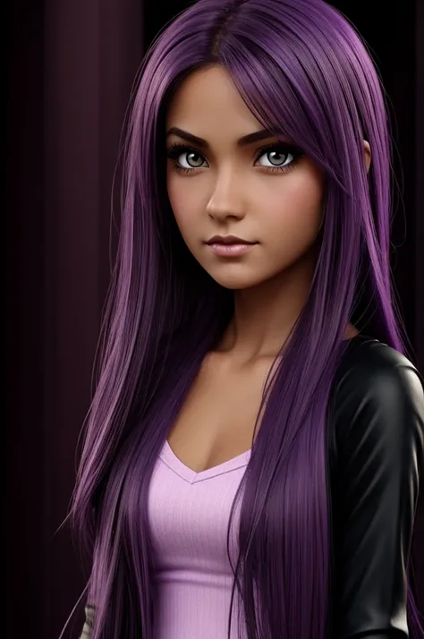 Purple gothic girl cartoon, with tan skin, black eyes.