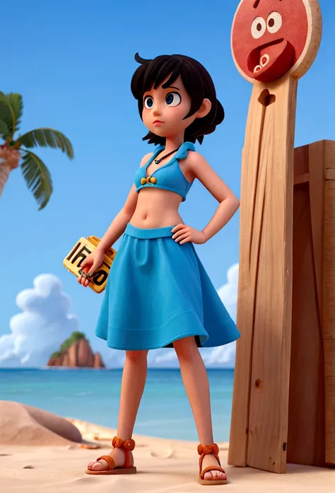 Girl cartoon character on the beach next to a sign writing cove character in 3d HD