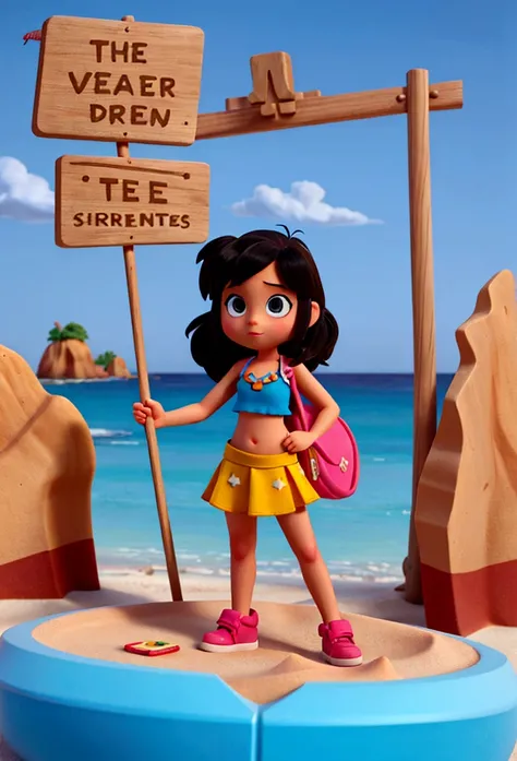 Girl cartoon character on the beach next to a sign writing cove character in 3d HD