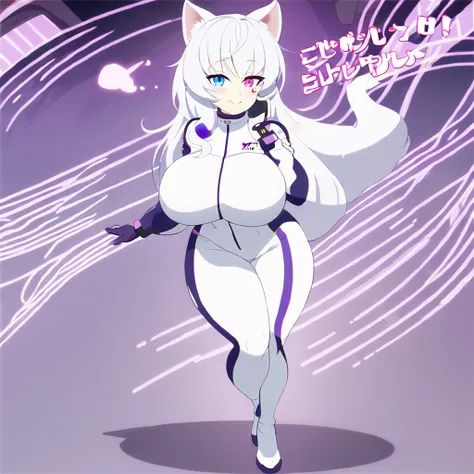 beautiful white neko, long white neko ears, white neko tail, anime style, purple eye, blue eye, big breasts, extremely detailed eyes and face, Wearing White and Purple Race Suit, white long hair, heterochromia, wide waist, mature woman, black small beauty ...