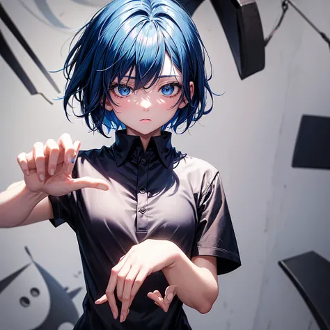 1 single 2d girl with short blue hair, with a black polo shirt and white skin color with his hands making a heart sign