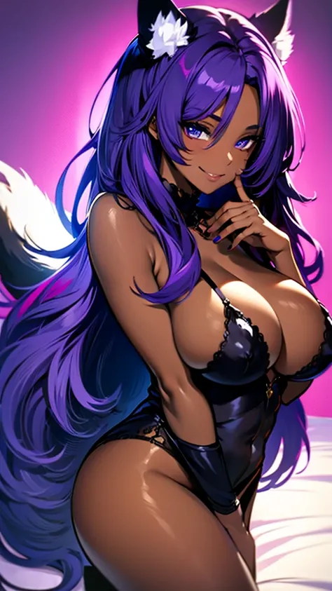 Masterpiece, nude dark-skinned woman, with cat ears and fox tail, smiling, lying on her side (very detailed), sideways, sideways photography, wearing G-string panties, panties stretched to waist, panties purple, big ass, full breasts, thick and toned thigh...