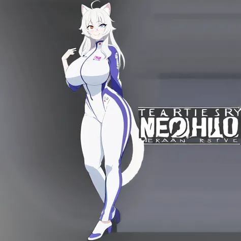 beautiful white neko, long white neko ears, white neko tail, anime style, purple eye, blue eye, big breasts, extremely detailed eyes and face, Wearing White and Purple Race Suit, white long hair, heterochromia, wide waist, mature woman, black small beauty ...