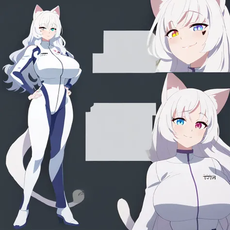 beautiful white neko, long white neko ears, white neko tail, anime style, purple eye, blue eye, big breasts, extremely detailed eyes and face, Wearing White and Purple Race Suit, white long hair, heterochromia, wide waist, mature woman, black small beauty ...