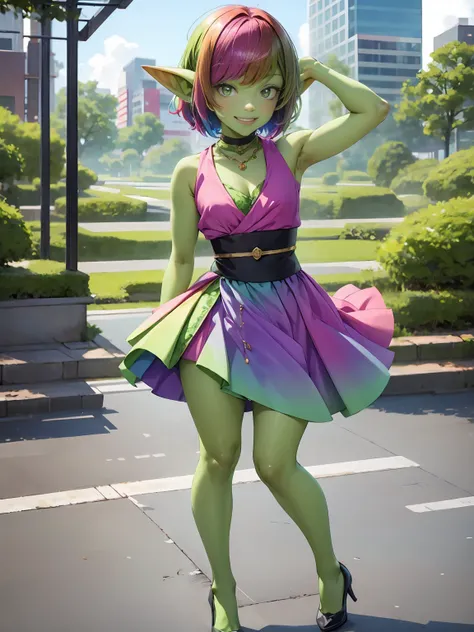 1 girl, short hair, green goblin girl, green skin, small pointy ears, (rainbow hair), very fashionable, smiling, full body, outd...