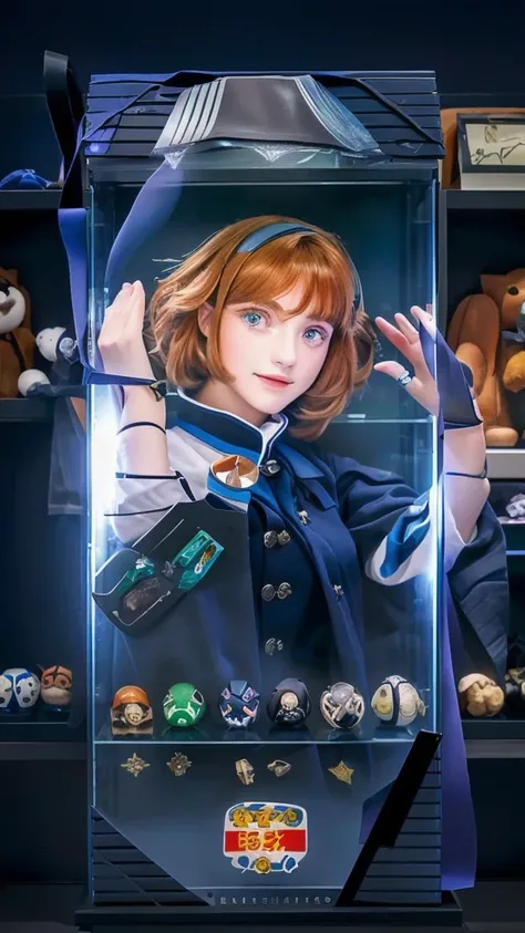 characters are in a display case with a lot of different items, female protagonist