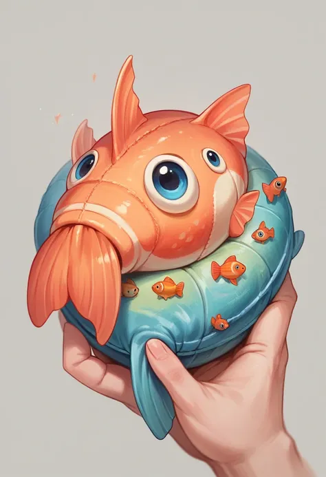 (Best Quality, high resolution:1.2), realist, Detailed illustration, fish toy, playful and vibrant colors, cute and friendly expressions, adorable fuzzy texture, in a children&#39;s style, with emphasis on facial features such as large, round eyes, showing...