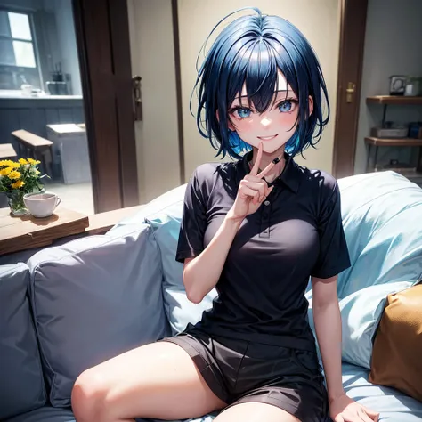 1 single 2d girl with short blue hair, with a black polo shirt and white skin color with her hands making a heart sign and sitting , smiling but only the house with your hands 