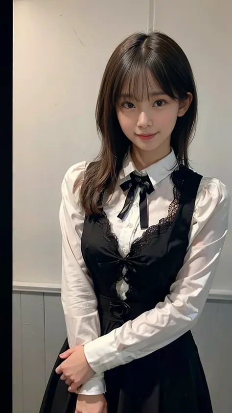 1 Nogizaka Musume、very cute、beautiful girl、19 years old、(gothic  fashion)、beautiful face, Exquisite details of eyes and skin、fine black shiny hair、Classy ruffles、frilled tie、ribbon tie、rose hair accessories、(smile at the camera)、(cowboy shot)、(sea of europ...