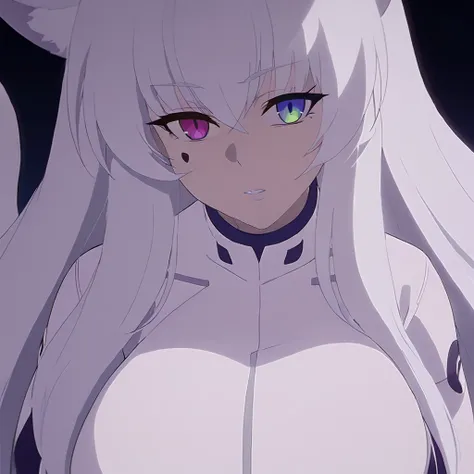 beautiful white neko, long white neko ears, white neko tail, anime style, purple eye, blue eye, big breasts, extremely detailed eyes and face, Wearing White and Purple Race Suit, white long hair, heterochromia, wide waist, mature woman, black small beauty ...