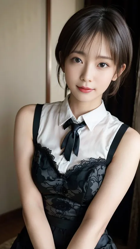 1 Nogizaka Musume、very cute、beautiful girl、19 years old、(gothic  fashion)、beautiful face, Exquisite details of eyes and skin、fine black shiny hair、Classy ruffles、frilled tie、ribbon tie、rose hair accessories、(smile at the camera)、(cowboy shot)、(sea of europ...