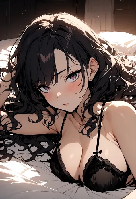 
(best quality, masterpiece, 1girl, wavy hair, black lingerie, lying down, bedroom, seductive pose, looking at viewer)