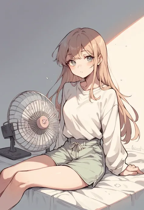 teenage girl in cool clothes sitting with a battery powered fan in her hand while her long hair moves with the wind in a simple line sketch style in pastel colors