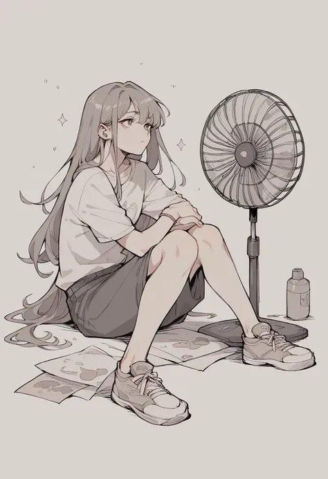 teenage girl in cool clothes sitting with a battery powered fan in her hand while her long hair moves with the wind in a simple ...