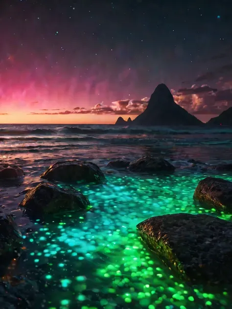 Green mountains surround a paradisiacal beach with crystal clear waters where two rivers meet and Flow into the sea; best quality, highly detailed, Dynamic, bright, Energy Wave, explosions oF neon lights, Smoke and cosmic dust, RAW color photo oF very high...