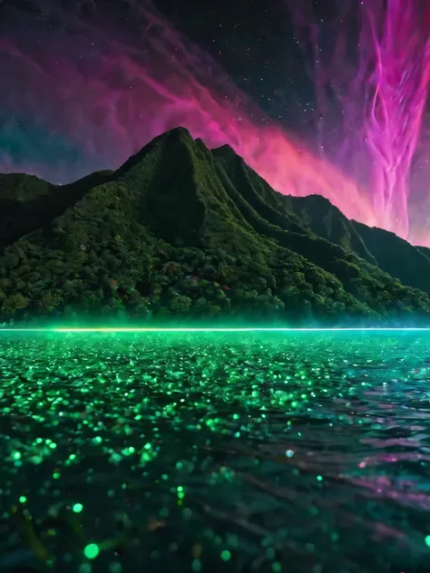 Green mountains surround a paradisiacal beach with crystal clear waters where two rivers meet and Flow into the sea; best quality, highly detailed, Dynamic, bright, Energy Wave, explosions oF neon lights, Smoke and cosmic dust, RAW color photo oF very high...