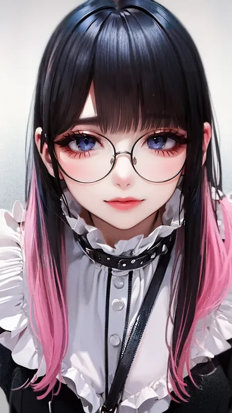 (random sexy pose),(thin type:1.5),(large breasts),(wearing glasses:1.5),(half color hair black and pink:1.5,random hairstyle),(...