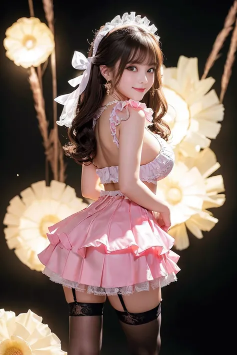 (Highest quality, Super detailed, High resolution, 8K images),、(Maid:1.1), See-through, Fluffy frills, (Maid:1.1), (Bright pink:1.2), (Fascinating costumes:1.3), (White and yellow shades:1.2), (Luxurious frills and lace:1.2), (Voluminous skirt:1.3), (Accen...