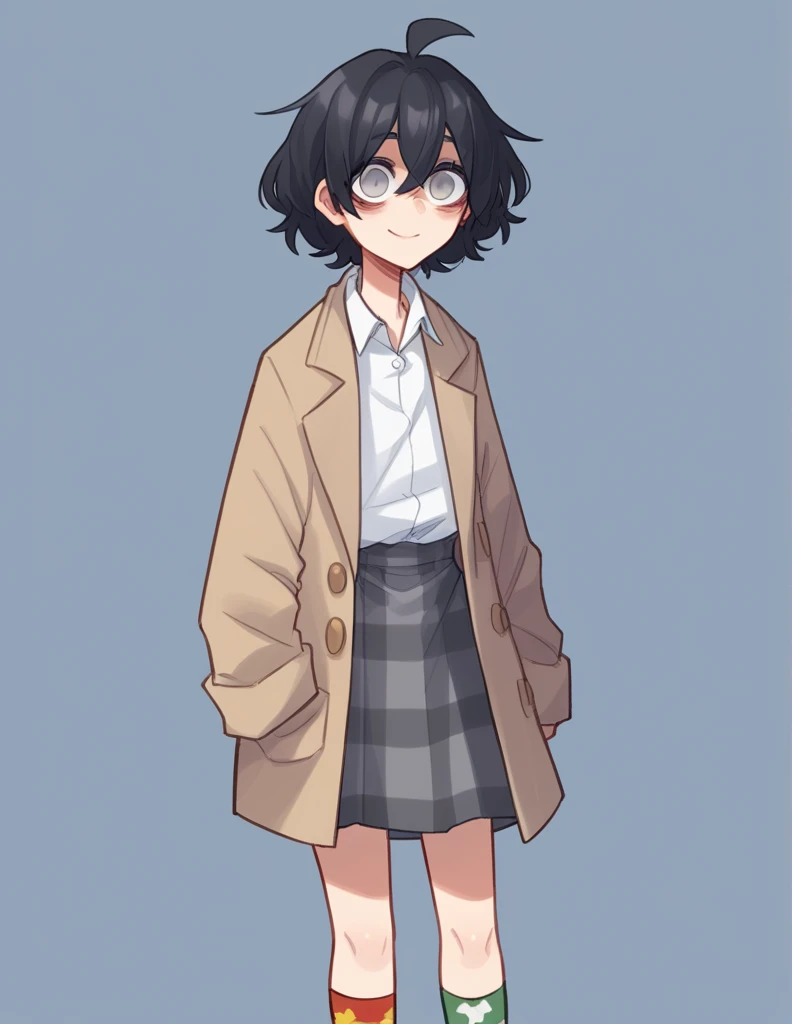 
1girl, Alone, ppka, black hair, short hair, messy hair, Ahoge, parts, parts por todo el cuerpo, grey eyes, empty eyes, blind, highly strung, slight smile, White shirt, beige coat, plaid skirt, grey skirt, mismatched socks, different socks