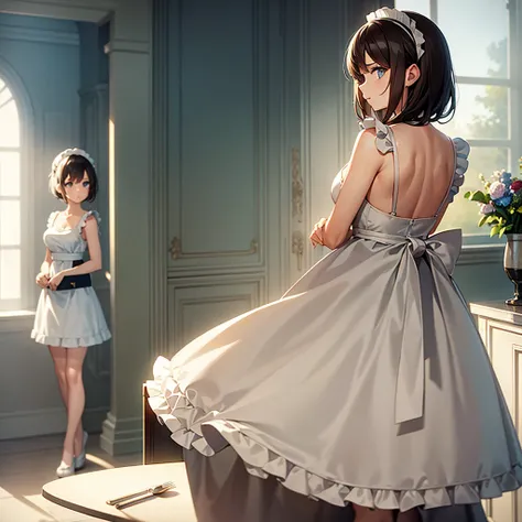 A teenage girl with short brown hair and large hazel and pastel blue eyes, white and soft skin, wearing a maids cap and a short, revealing maid dress. She is standing next to a table, carefully placing a vase of flowers, with a focused and delicate express...