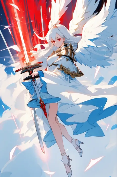 woman, adult, slender, white hair, red eyes, divine armor on the shoulders, white and blue clothes, sword in hand, angel wings, with white heels, beautiful,long hair,