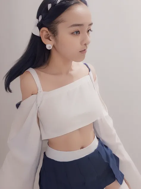 16K、22 year old Japanese woman、(Pure white off-shoulderのニットのロングセーター:1.8)、(Pure white off-shoulder:1.8)、(Plain navy blue mini skirt:1.8)、A very beautiful and symmetrical small face、(9-head small face:1.8)、Big and beautiful eyes、Beautiful, large, firm breast...