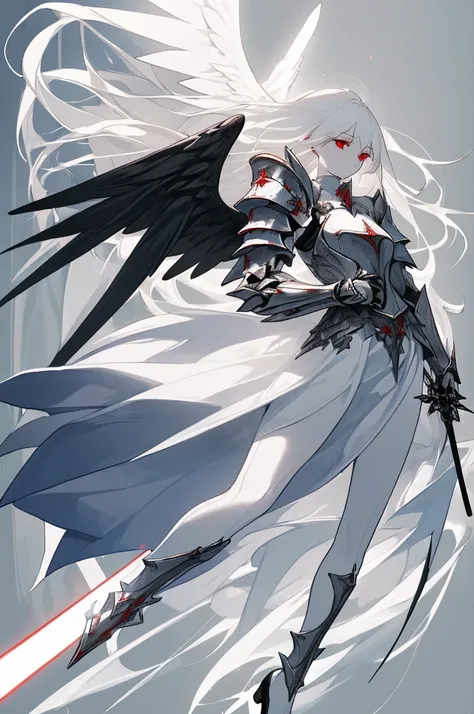 woman, adult, slender, white hair with black locks, red eyes, divine armor on the shoulders, white and blue clothes, sword in hand, angel wings, with white heels, beautiful, super long hair,