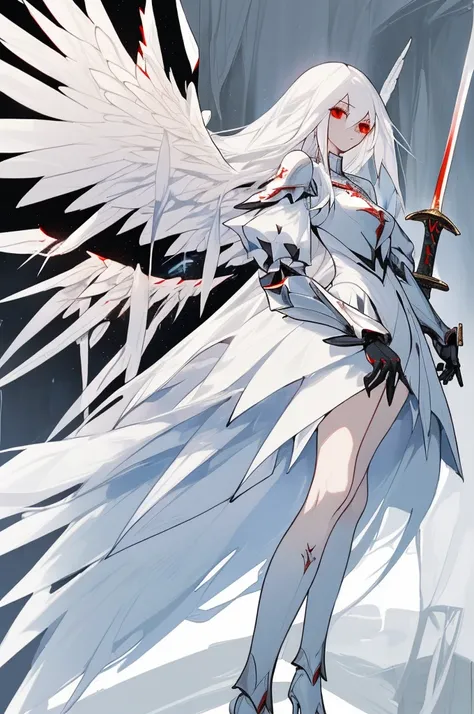 woman, adult, slender, white hair with black locks, red eyes, divine armor on the shoulders, white and blue clothes, sword in hand, angel wings, with white heels, beautiful, super long hair,