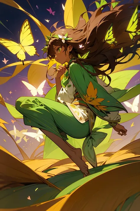 anime panel, Woman, Spirit of the Earth, darkskin, long brown hair, bright light green eyes, clothes made out of leaves, barefoot with just flowers wrapped around her leg, floral bow on head, magical forest background with butterflies.