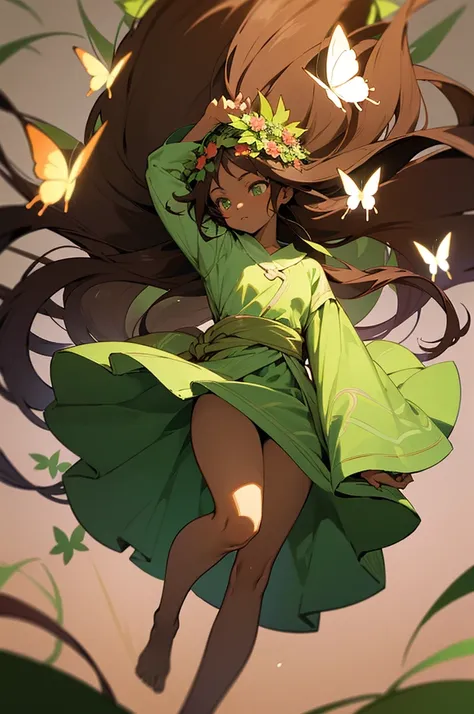 anime panel, Woman, Spirit of the Earth, darkskin, long brown hair, bright light green eyes, clothes made out of leaves, barefoot with just flowers wrapped around her leg, floral bow on head, magical forest background with butterflies.