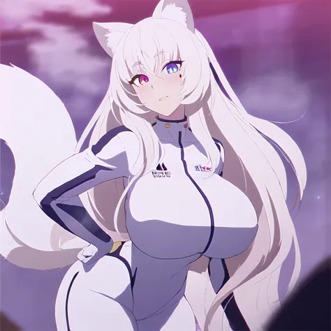 beautiful white neko, long white neko ears, white neko tail, anime style, purple eye, blue eye, big breasts, extremely detailed eyes and face, Wearing White and Purple Race Suit, white long hair, heterochromia, wide waist, mature woman, black small beauty ...