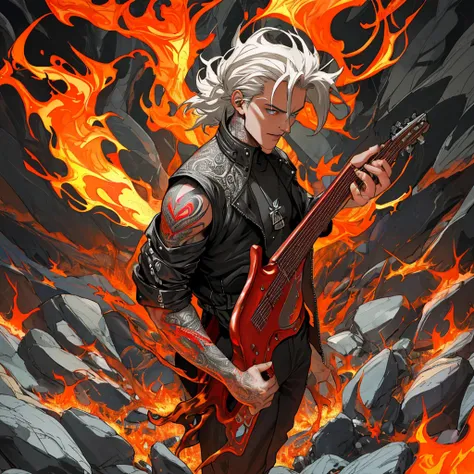 {{A ((masterful)) depiction of {((a young man with black hair and an afro, wearing a black leather jacket and black pants, holding an electric guitar))}} with {((brilliant eyes and colored sclera, standing alone with a fire background, playing the guitar))...