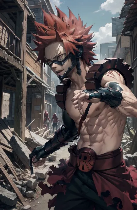 hero costume: mask, topless male, black pants
add red hair and red eyes if necessary., hairstyle: his hair is wild and spiky, of...