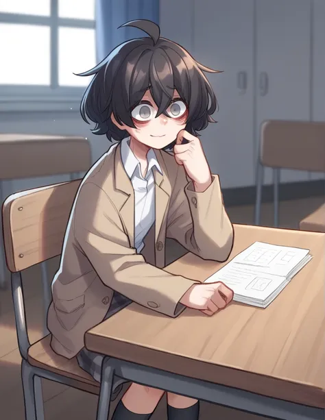 1 girl, alone, ppka, black fur, short hair, messy fur, Ahoge, parts, parts por todo el cuerpo, grey eyes, empty eyes, blind, very nervous, slight smile, White shirt, Beige coat, plaid skirt, grey skirt, uneven socks, different socks sitting at her school t...