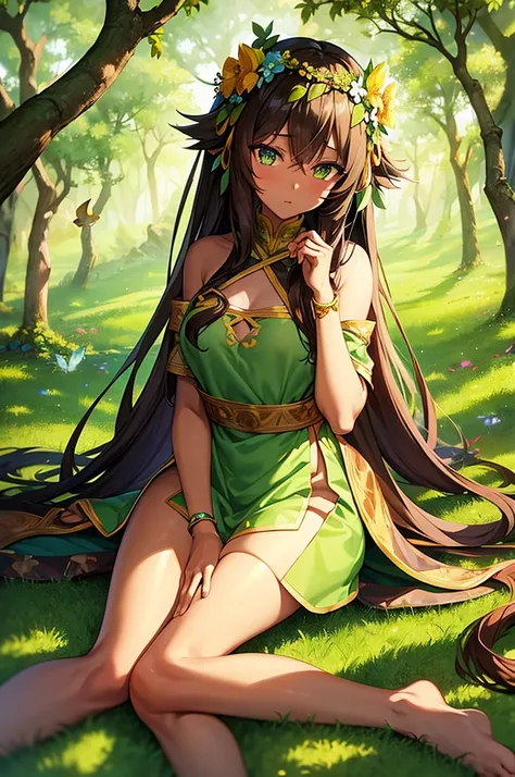 anime panel, Woman, Spirit of the Earth, darkskin, long brown hair, bright light green eyes, leaf clothes, barefoot with just flowers wrapped around her leg, floral bow on head, magical forest background with butterflies.