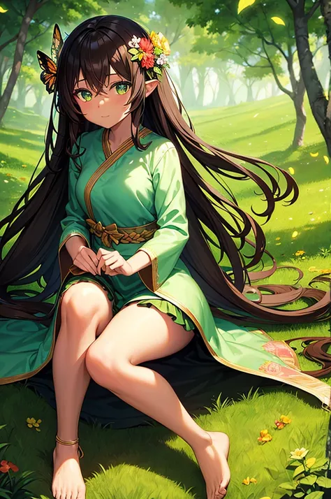 anime panel, Woman, Spirit of the Earth, darkskin, long brown hair, bright light green eyes, leaf clothes, barefoot with just flowers wrapped around her leg, floral bow on head, magical forest background with butterflies.