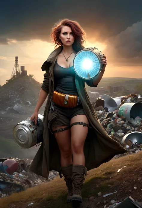 Postapocalyptic style, voluptuous sexy woman with a light resonator in her hand on a hill with garbage